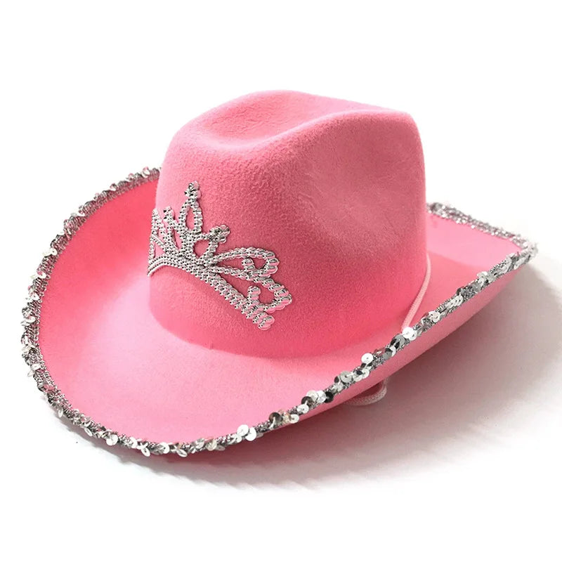 Pink Cowboy Hat With Tiara - CHILD/ADULT SIZE Pinky Felt Cowboy Hat for Western Costume CowGirl Pretend Plays