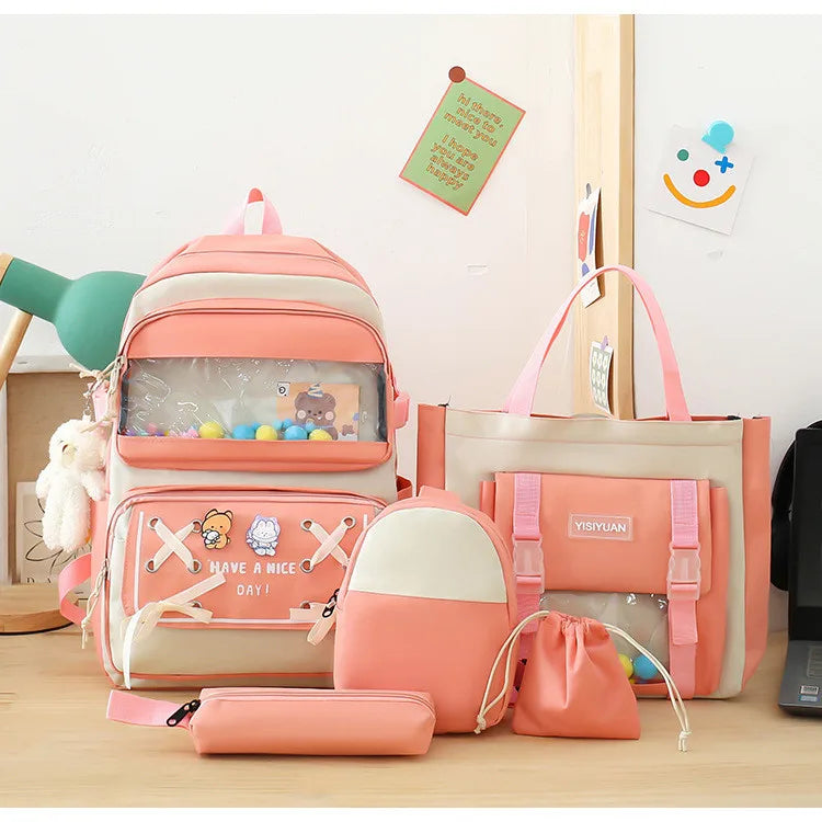 Wholesale 2025 New Style Kawaii Unisex Backpack Oxford Material Zipper Closure 20-36L 5-Piece Cartoon Pattern Preppy Style