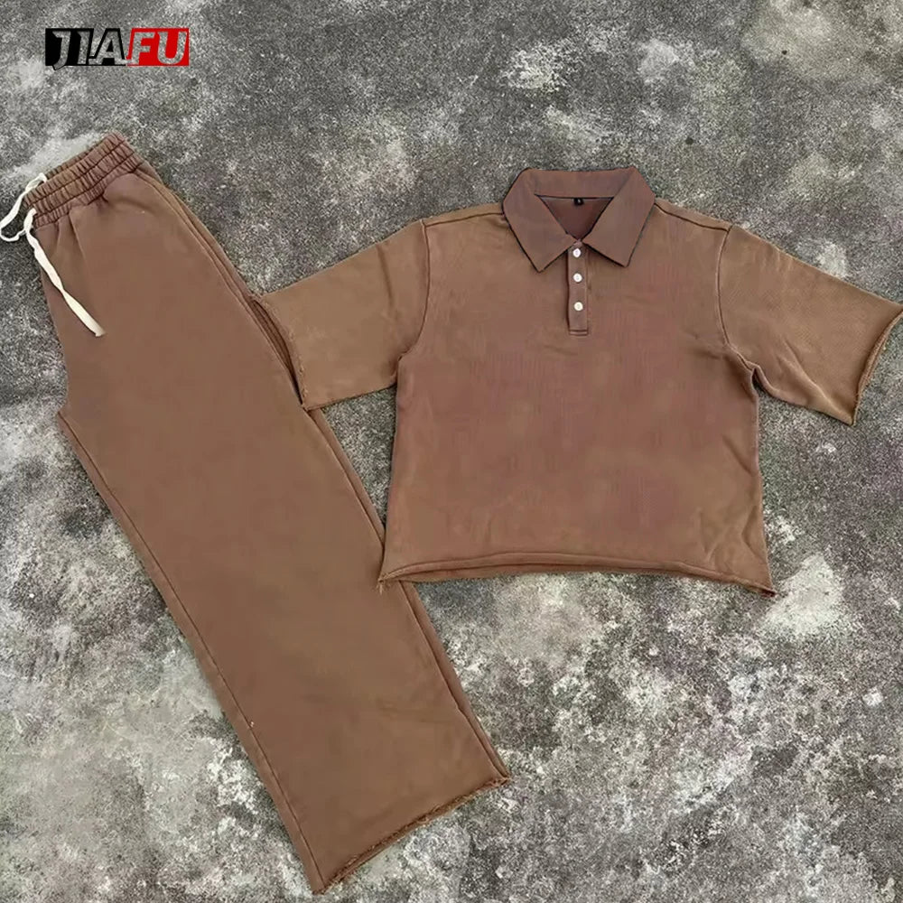 Custom Blank Breathable Boxy Cut off Cropped Fashion Casual Summer Plolo Shirts and Sweatpants Two Piece Men's T-shirt Set