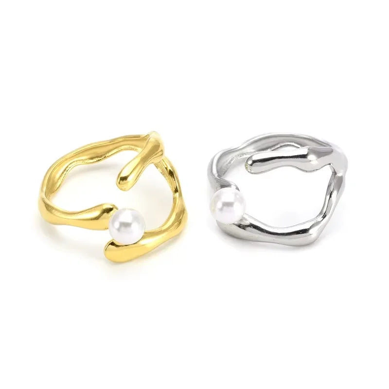 Fashion Mother of Pearl Ring Irregular Lines Fluid Stainless Steel 18K Gold Index Finger Ring Personalized Hand Ornaments