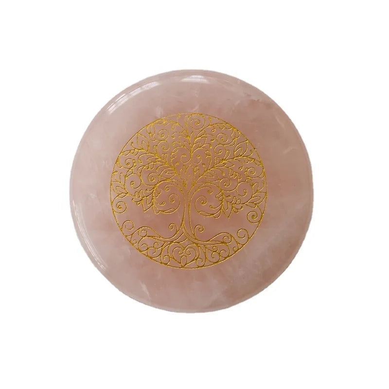 Wholesale natural crystals healing stones carving 55mm rose quartz circle with picture print slice for gift