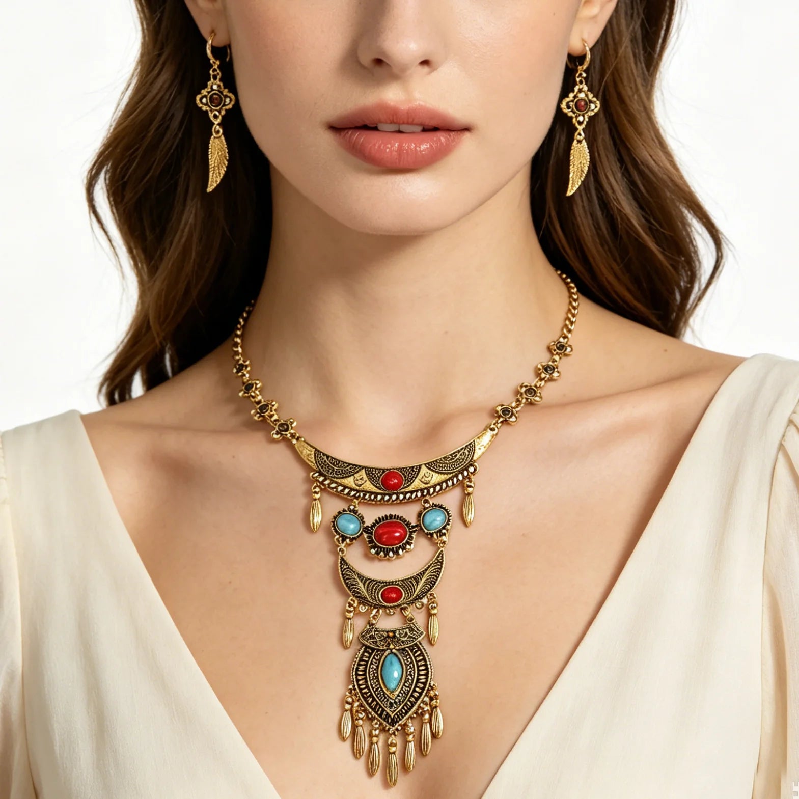 Vintage Style Silver Golden  Statement Necklace Earrings Sets Women Bohemian Necklace Earrings Set