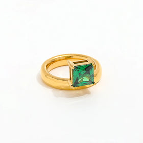Joolim Jewelry Wholesale 18K Gold Plated Chunky Square Green Zirconia Stainless Steel Ring for Women Fashion Jewelry