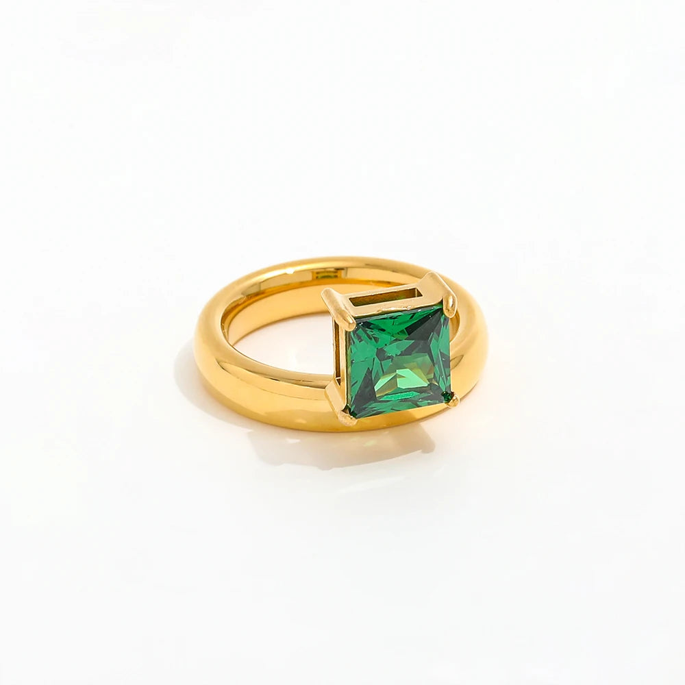 Joolim Jewelry Wholesale 18K Gold Plated Chunky Square Green Zirconia Stainless Steel Ring for Women Fashion Jewelry