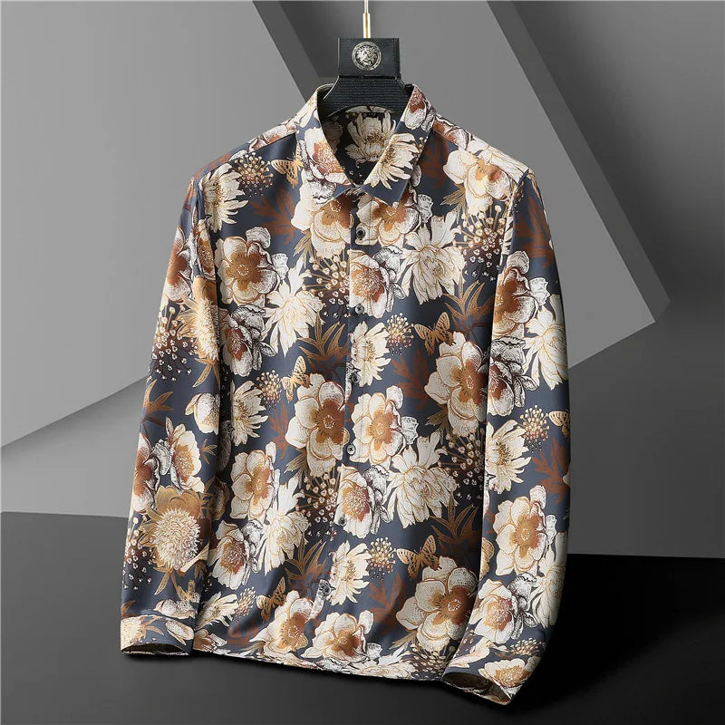 2023 Large Size Men's Long Sleeve Printed Shirt Fat Spring and Autumn Style Loose Casual Large Size Shirt