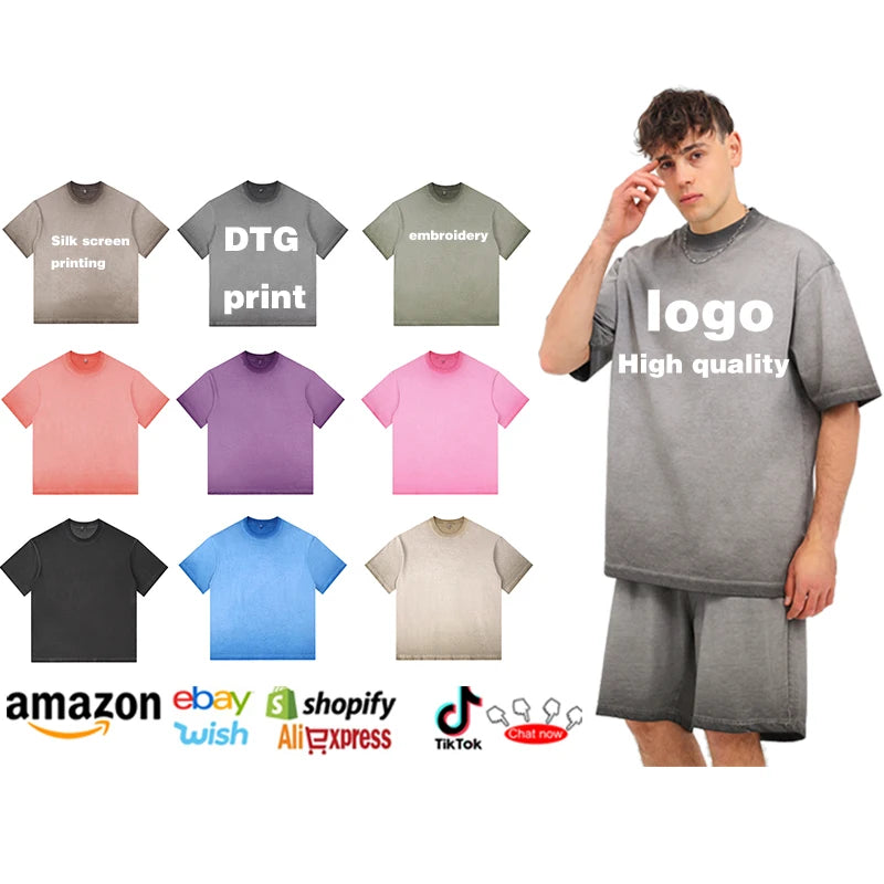 Custom Highquality Silk Screen DTG Printing Men's Washed Gradient Color T-shirt Street  Retro Weight Men's Oversized T Shirt