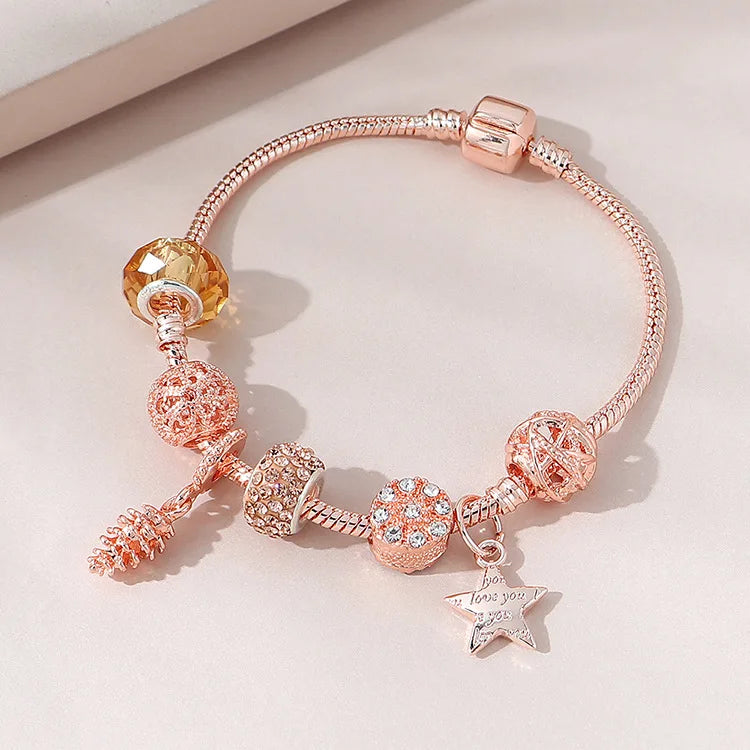 New Arrival Luxury Star Pendant Rose Gold Plated Charm Bracelet Big Hole Ball Beads Beaded Women Bracelets