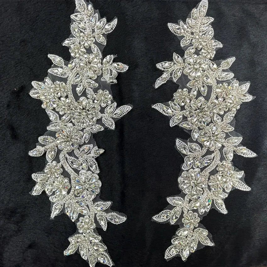Factory Price Wholesale Sew on Crystal Shiny Glass Stone Bridal Lace Rhinestone Wedding Applique