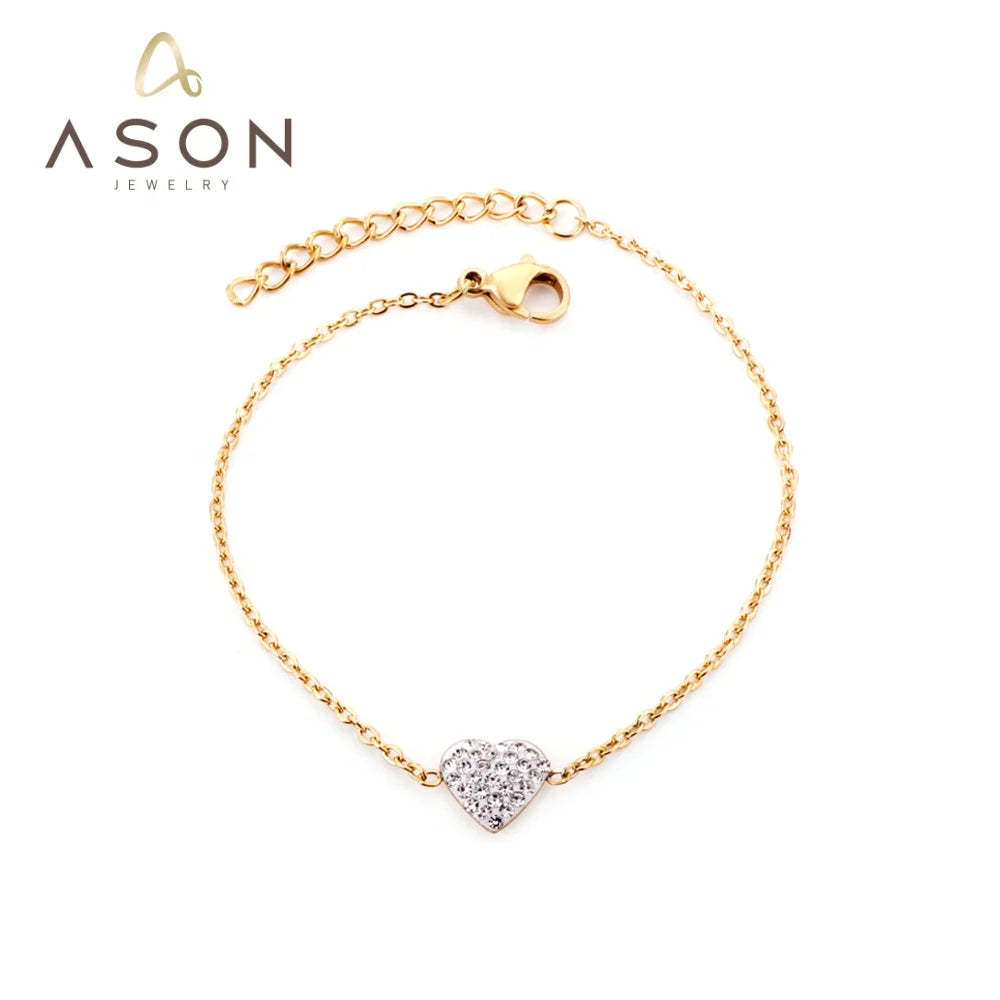 Ason 2023 Women Stainless Steel Jewelry Fashion Crystal Charm Bracelet Women Gold Plated Heart Bracelet
