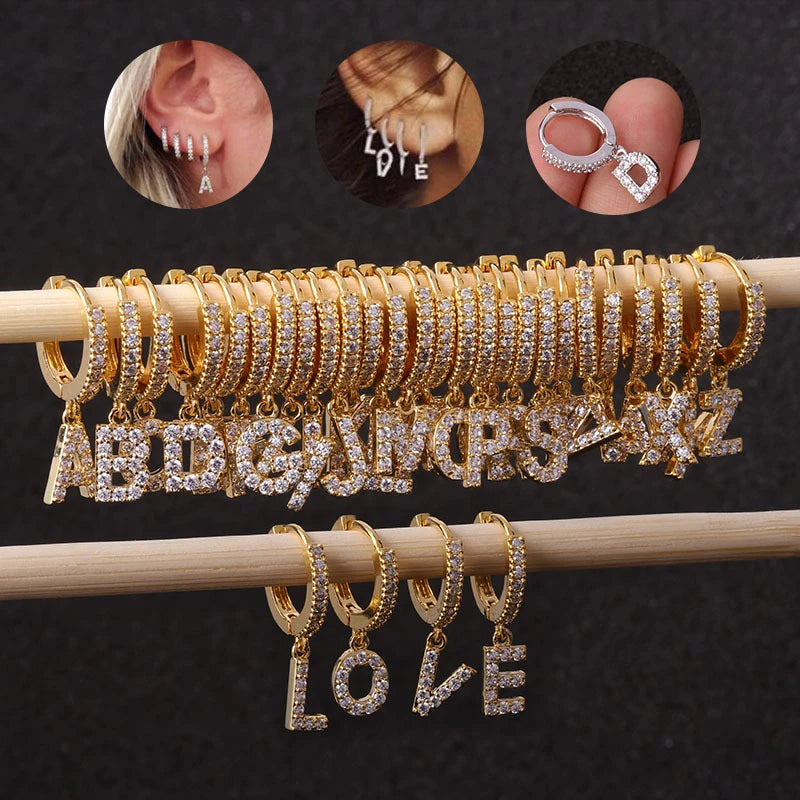 Gold Planted 26 Letters Initial Letter Stud Womens Hoop Earrings