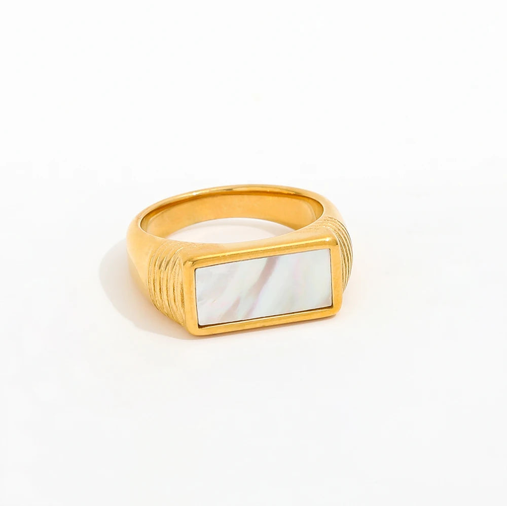 Joolim High End 18K Gold Plated Stainless Steel Rectangle Shell Statement Stamp Rings for Women Finger Ring Wholesale