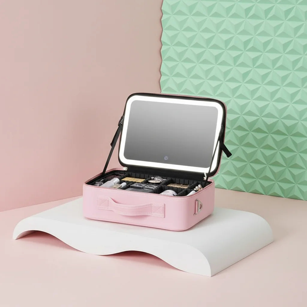 Makeup Bag With Mirror Rechargeable Cosmetic Case With 2-layers Makeup Train Case Cosmetic Organizer With Mirror and Light Tools