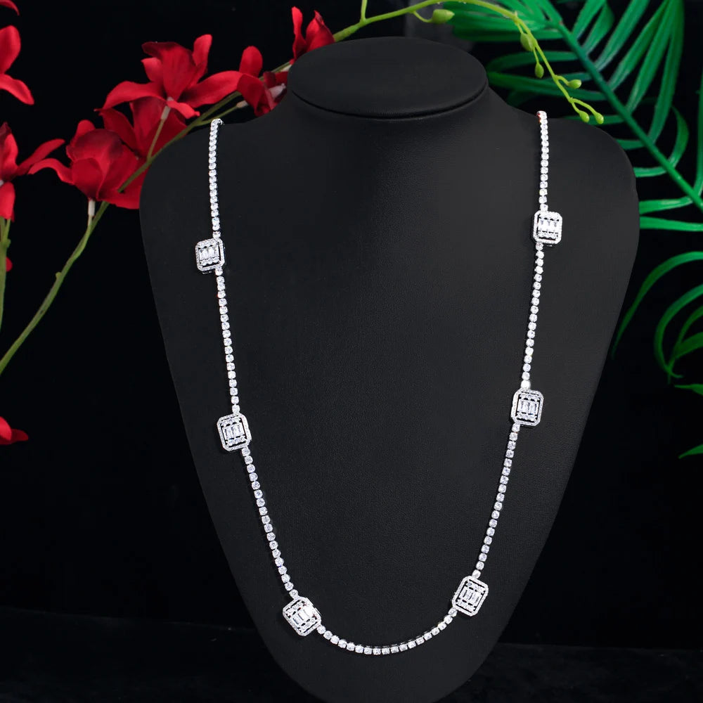 Bling Baguette White CZ Cubic Zircon Pave Silver Color Women Long Sweater Chain Necklace Dubai Bridal Prom Jewelry Accessories