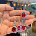 Luxury 18k Plated Real Gold Bridal Jewelry Wedding Vintage Full Zircon Oval Red Diamond Necklace Drop Earrings Ring Jewelry Set