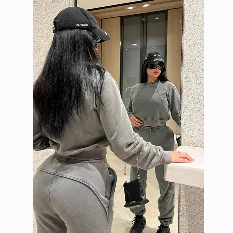 2025 Women's Clothing Custom Logo Solid Color Sweat Sets Ladies 2 Piece Outfit Fall Clothes Crop Top Hoodie and Jogger Set