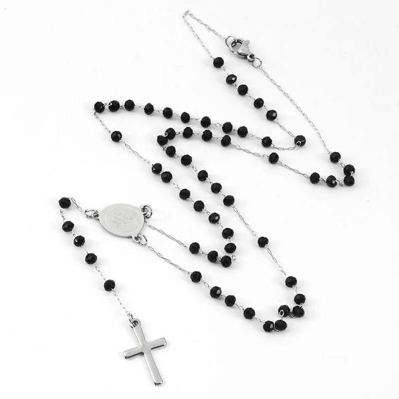 Stainless Steel Religious Jewelry Cross Pendant Rosary Necklace with 3.5mm 6mm Crystal Beads