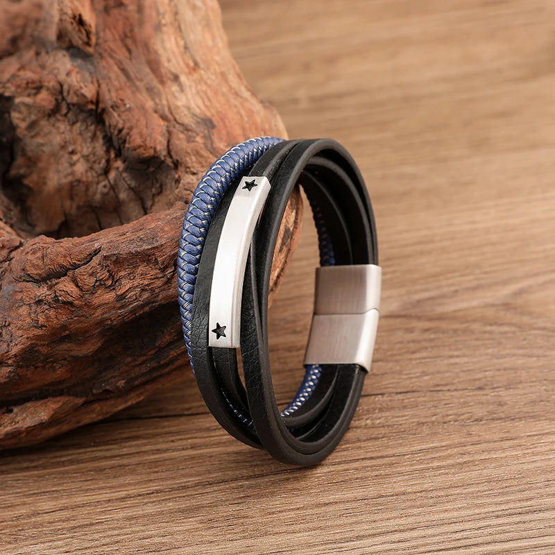 Stainless Steel Leather Bracelet Men's Jewelry Muti-strand Leather Cord Bracelet for Man