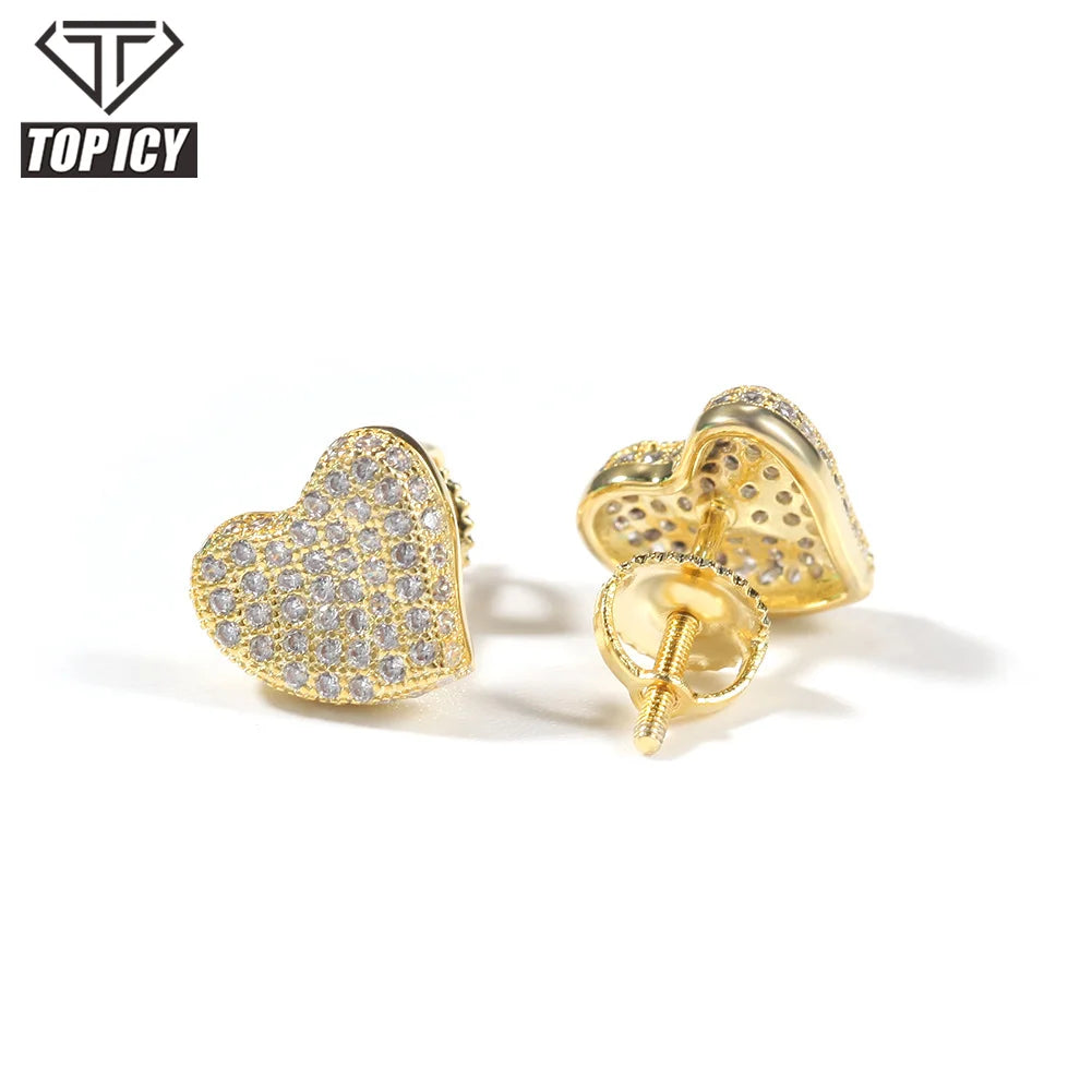 Hip Hop Luxury Fashion Heart Stud Earrings for Women 2021 Silver Gold 5A CZ Cubic Zircon Stud Earring Iced Out