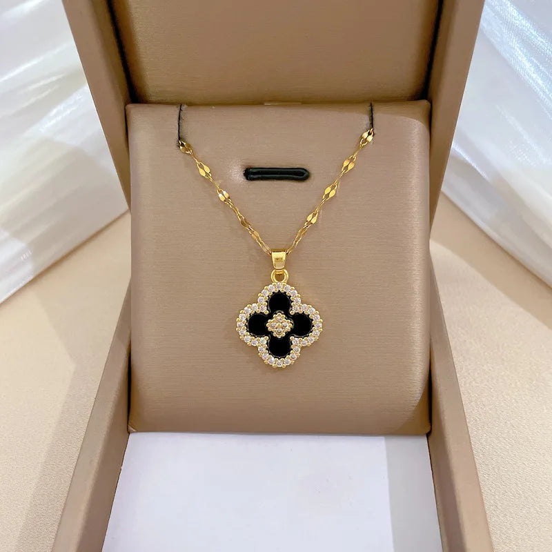 Fashion Gold Plated Leaf Flower Pendant Necklace Clover Stainless Steel Chain Necklace Jewelry for Women Girls