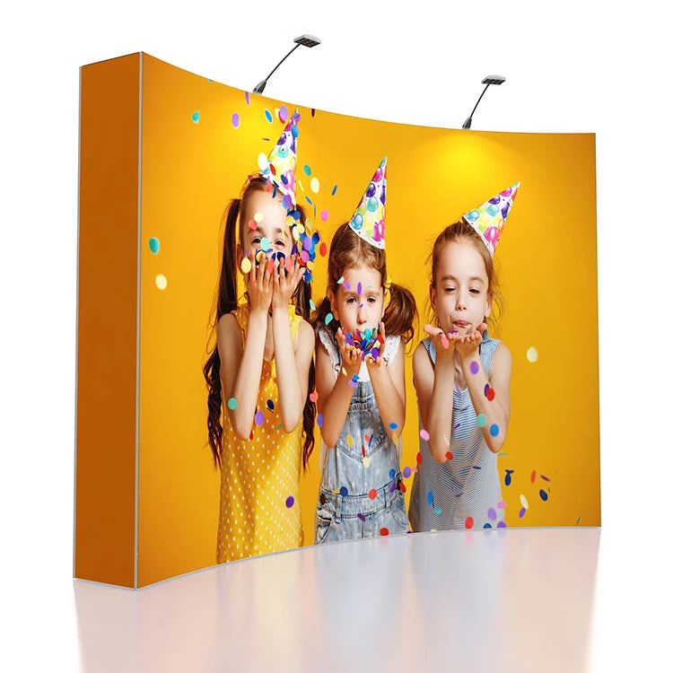 Portable SEG Pop up Display Back Wall Curved Backdrop Stand with Dye Sublimation Foldable Design