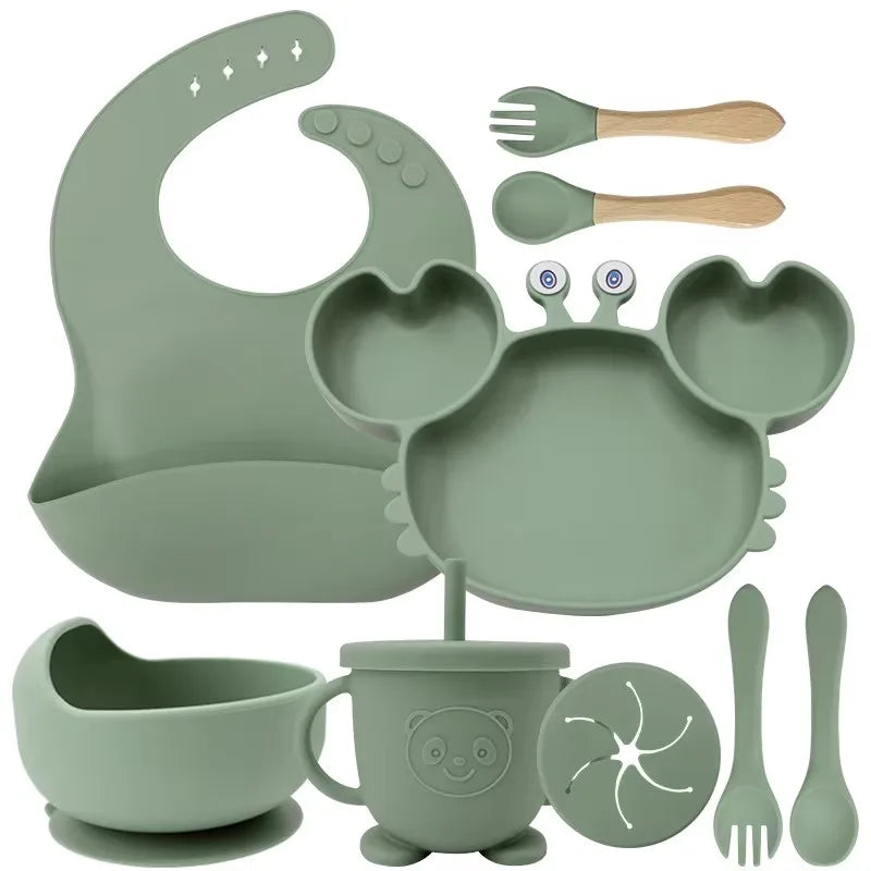 2024 Hot Supplies Dinnerware Silicone Baby Feeding Set Kids Dining Cup Bib Spoon Weaning Children Placemat Baby Bowl Plate