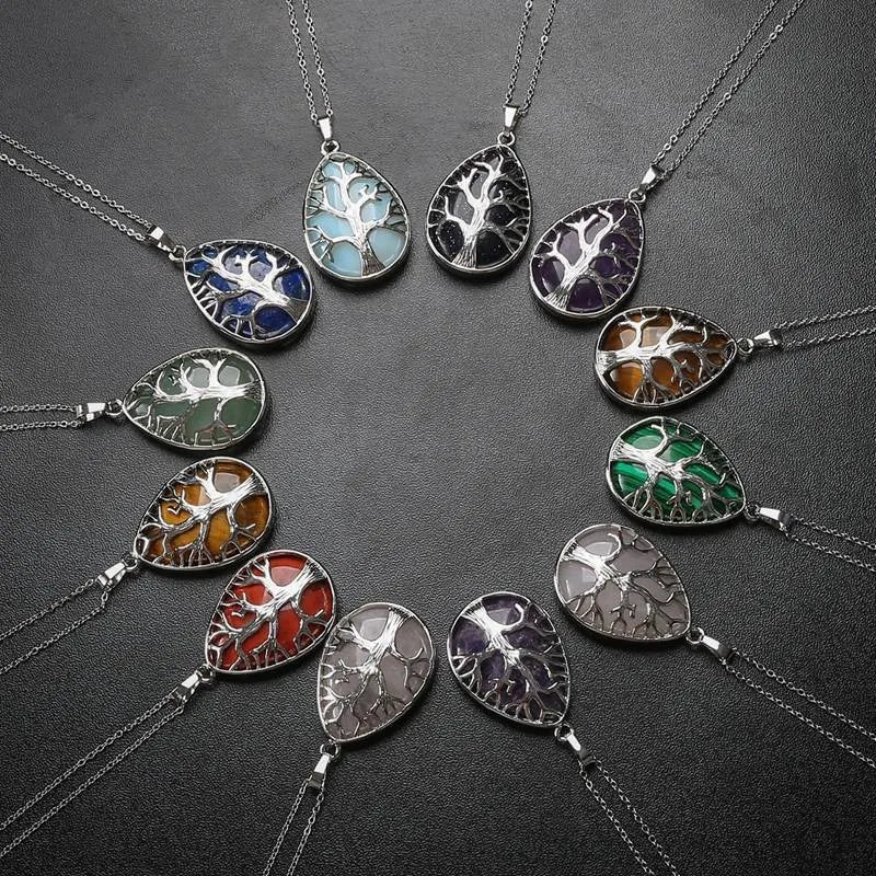 Whaterdrop Shaped Natural Gemgemstone Gem Stone Tree of Life Pendant Water Tear Drop Necklace for Women Men Jewelry Making