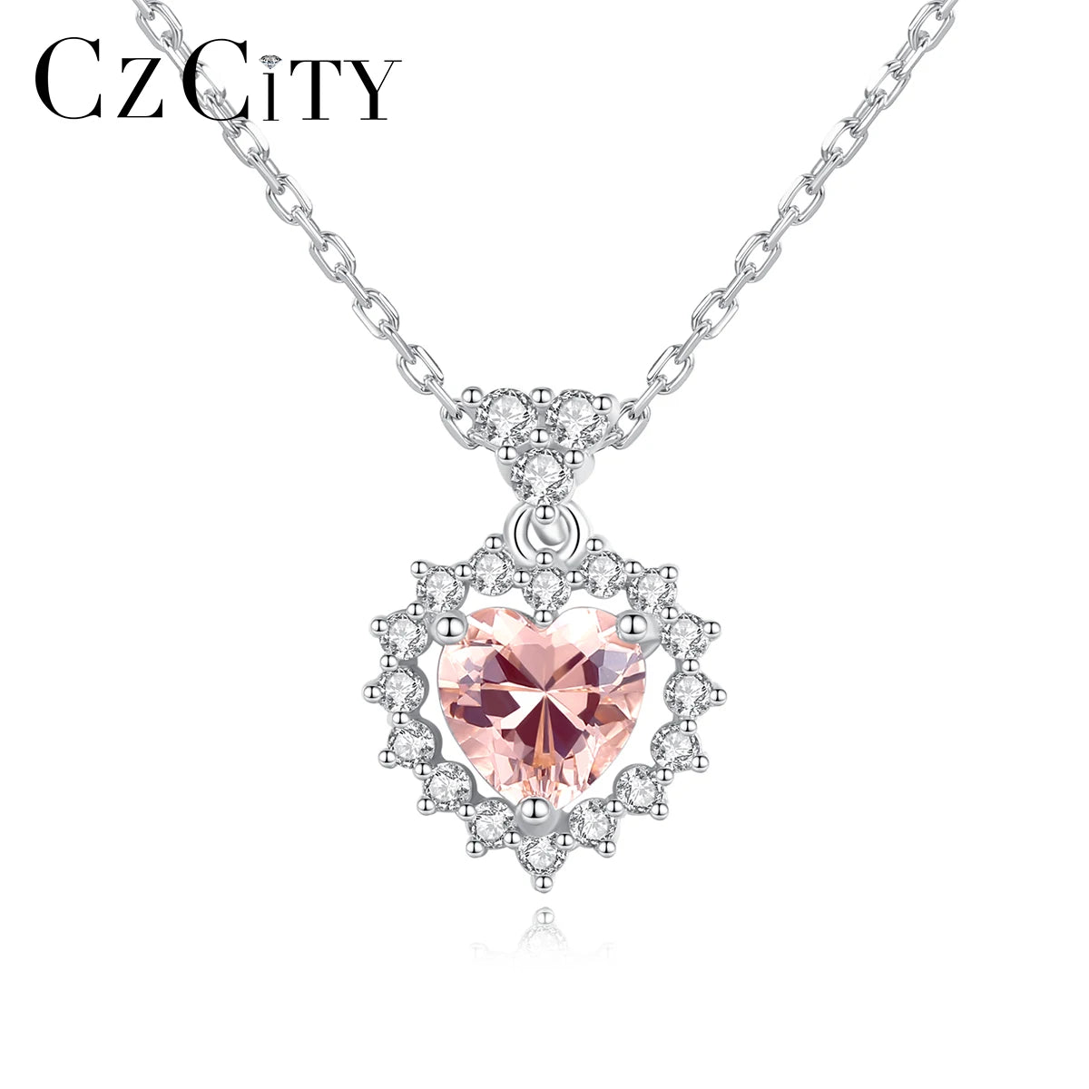 CZCITY Customize Hawaiian 925 Chain Link Heart Necklace Rhodium White Gold Plated 925 Silver Women Accessories
