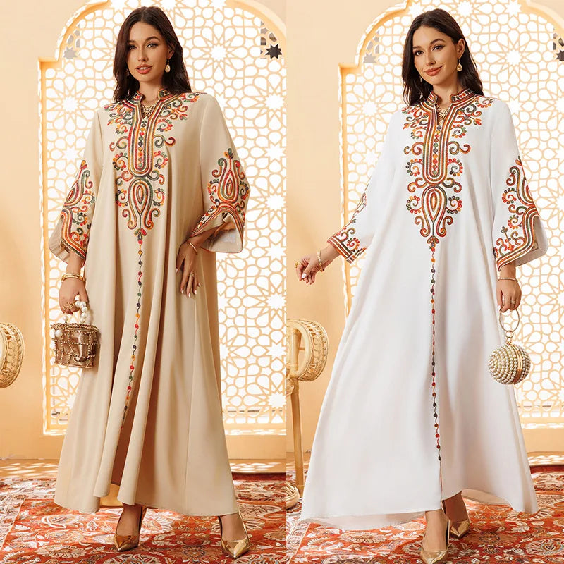 AB417 Ramadan 2025 Luxury Kaftan Fashion Elegant Long Sleeve Muslim Fashion Womens Embroidered Rope Dubai Dress