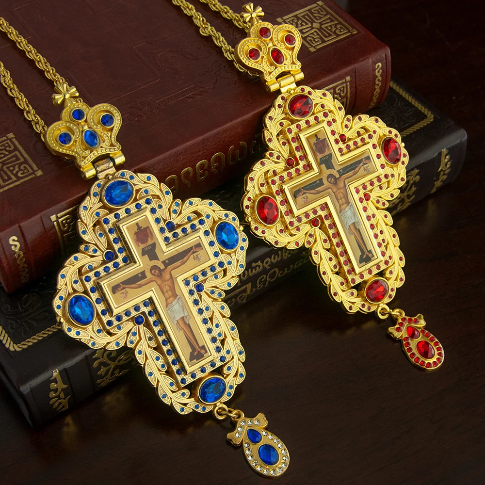 HT Gold Plating Jesus Crucifix Enamel Orthodox Pectoral Cross Necklace Large Pendant for Bishop with Customized Colors