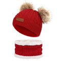 Kids Custom Pom Pom Fleece Lining Knitted Warm Beanie Hat Neck Warm Set
