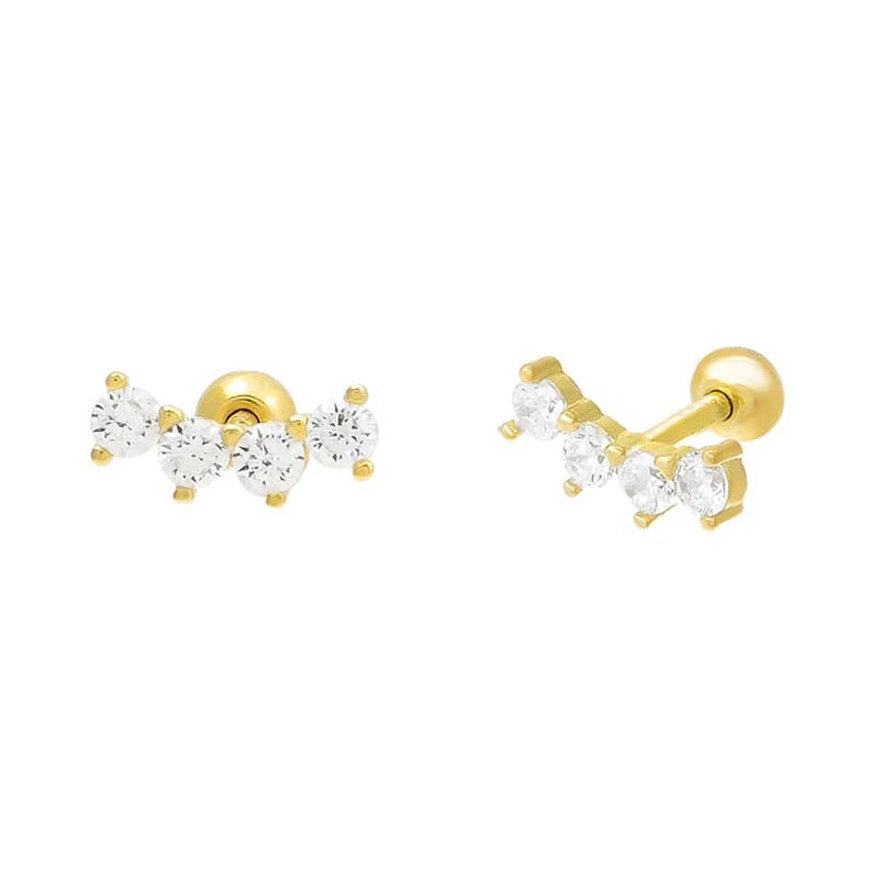 Gemnel Hot Selling 925 Silver Yellow Gold Diamond Curved bar Threaded Cz Screw Ball Stud Earrings