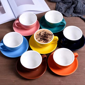 Custom logo Professional Colored Glaze 220cc Ceramic Porcelain Cappuccino Latte Coffee Mug Cups with Saucers Set