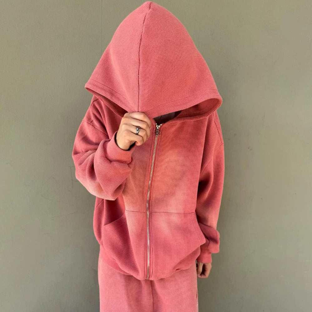 Streetwear Heavyweight Cotton Thermal Waffle Jacket Hoodie Boxy Cropped Vintage Sunfaded Wash Zipper Distressed Hoodie for Men