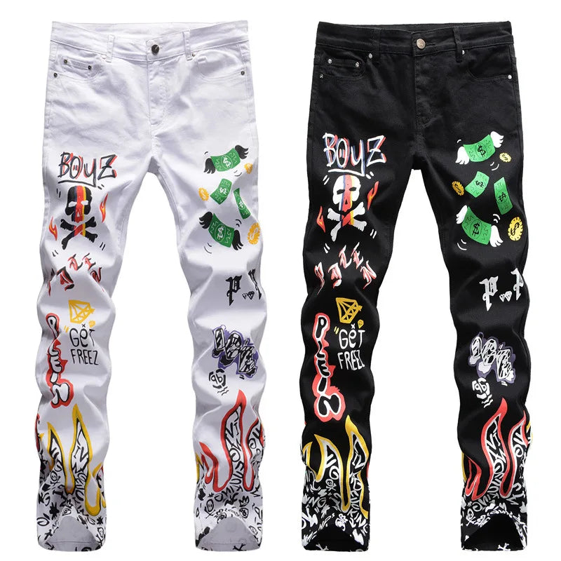 AeeDenim Wholesale OEM LOGO Black Elastic Printed Jeans Non-mainstream Personality Casual Long Denim Jeans