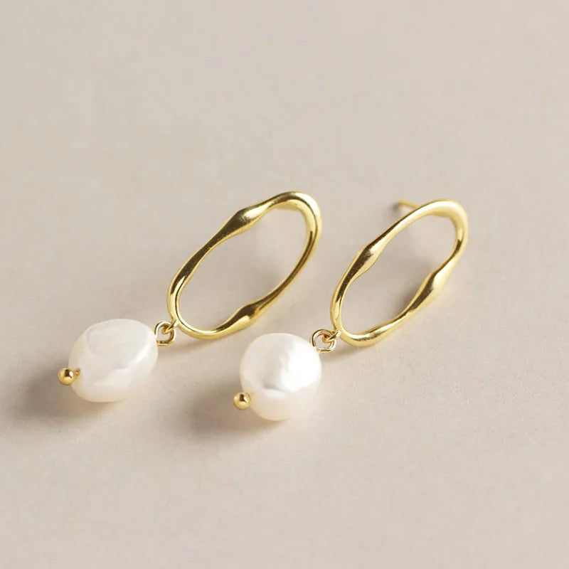 YHE095 925 Sterling Silver Earrings Wholesale Gold Plated Earrings Minimalist Baroque Pearl Drop Earrings Jewelry for Women