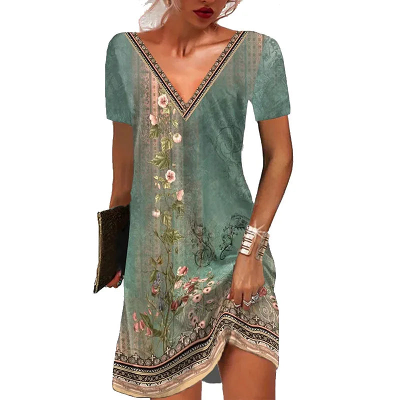RNSHANGER Vintage New Summer Women's Sexy V-Neck Printed A-Line Dress Fashion Casual Loose Short Sleeve Elegant Oversized Dress