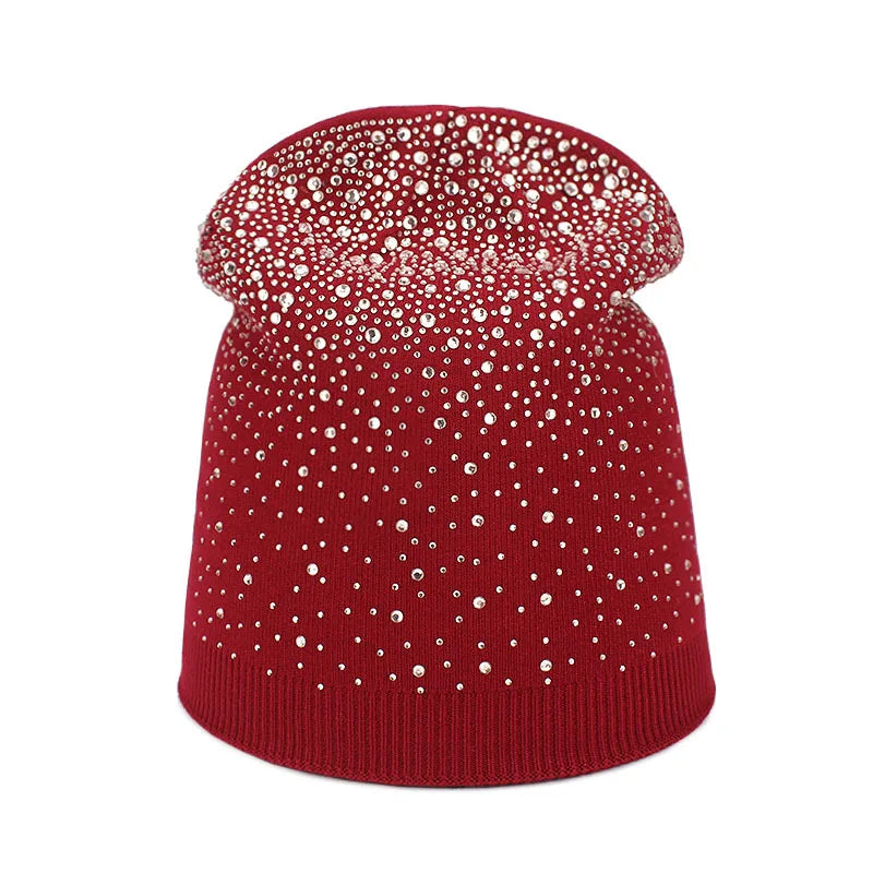 Fashion Chic 10 Colors Rabbit Fur Winter Warm Chunky Stretch Women's Knitted Hats Rhinestone Beanie Hat Skull Thick Ski Hat
