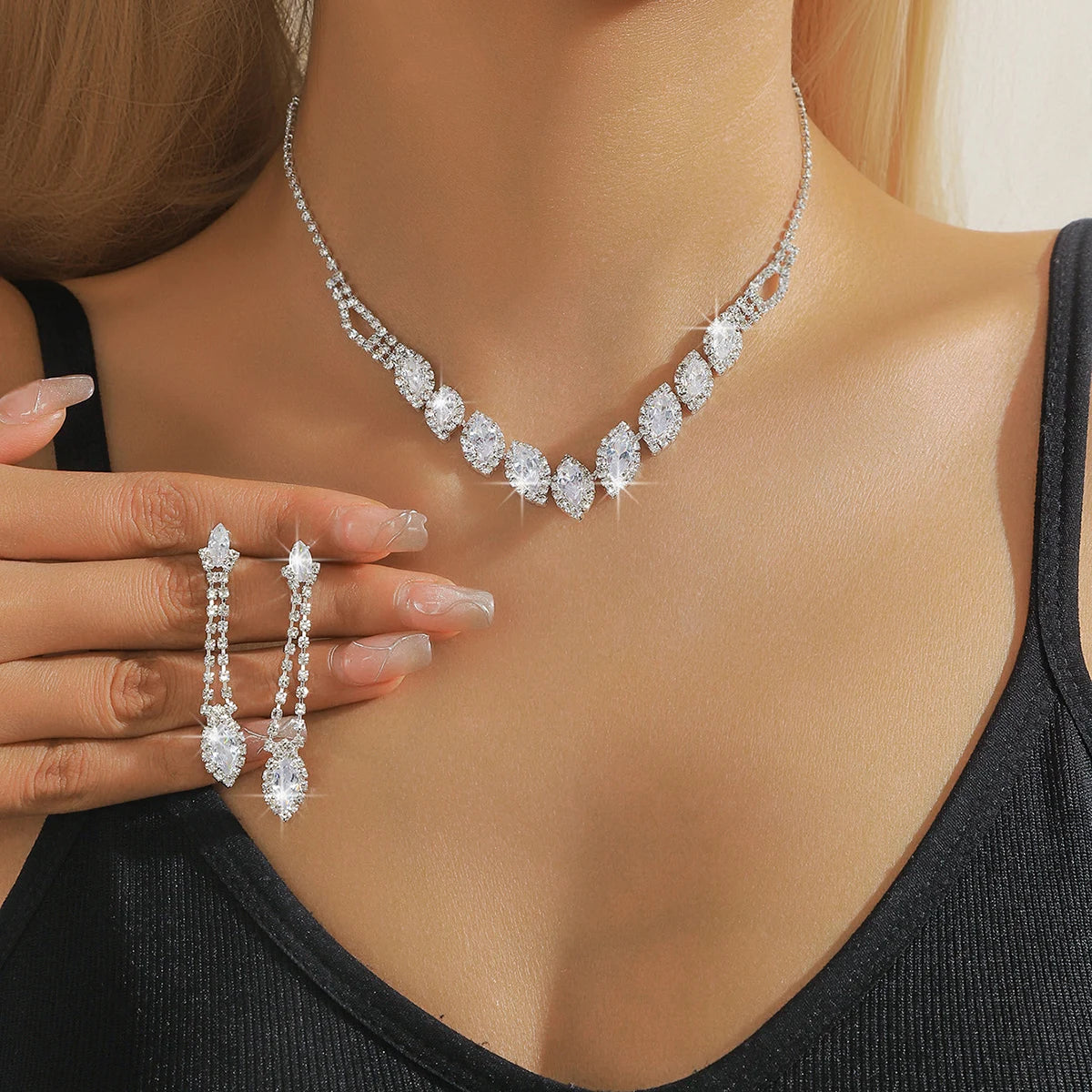 Necklace Jewelry Set Zircon Rhinestone Tassel Necklace