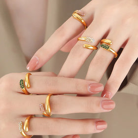 Custoomized New European and American Stainless Steel 18K Korean Rhinestone Three Colors Optional Simple Snake Rings for Women