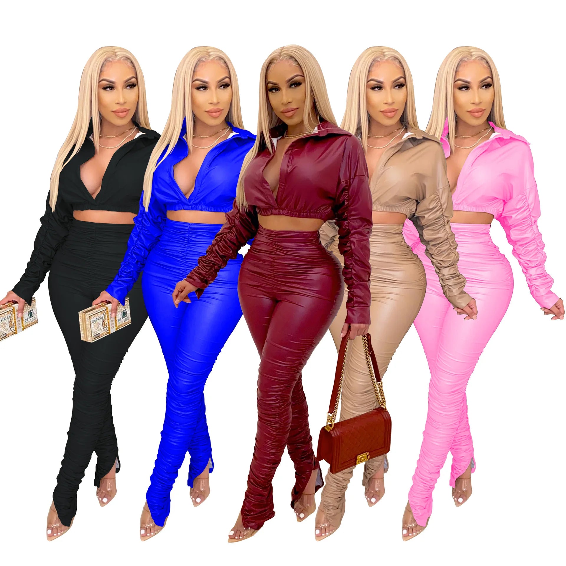 PU Leather Stack Pants 2 Piece Set for Women v Neck Long Sleeve Crop Tops and Pants Sets