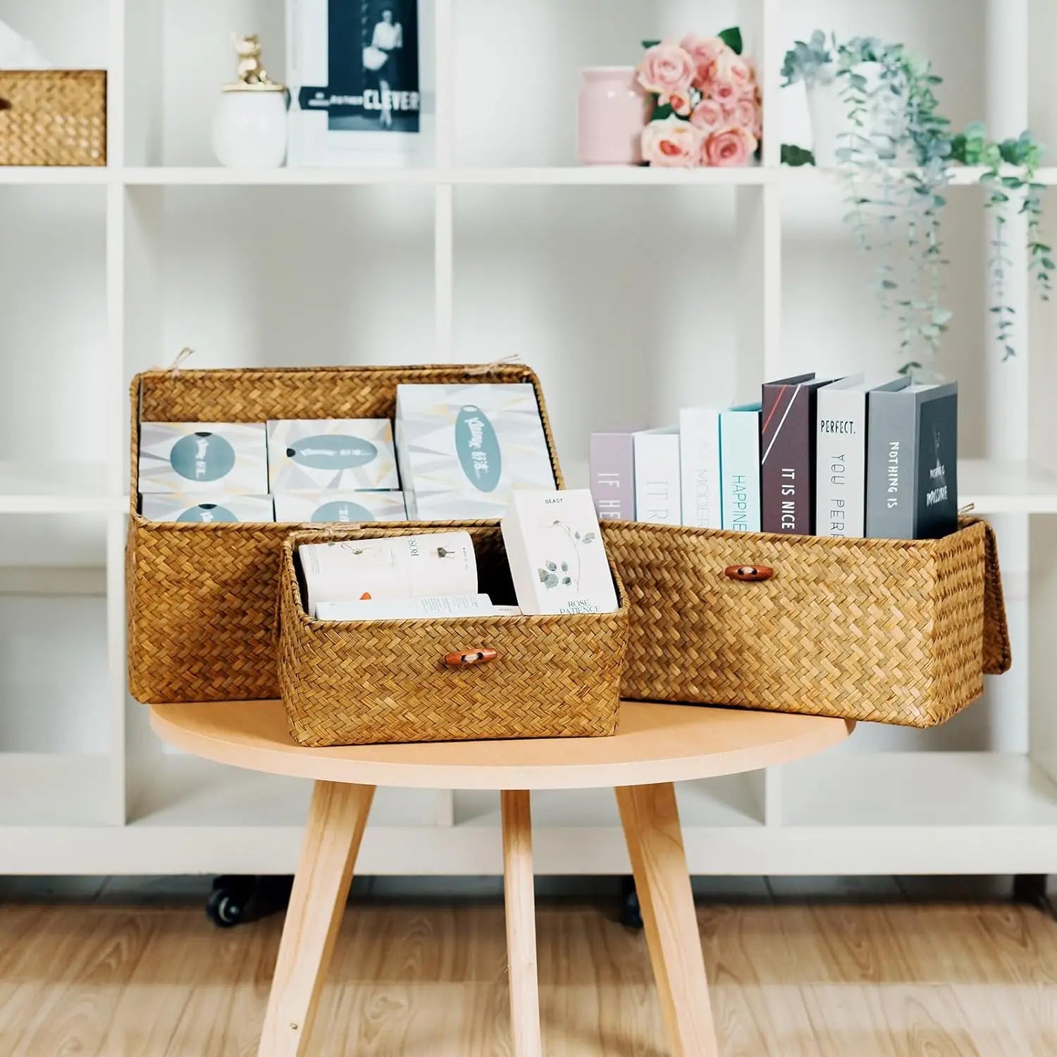 Water Hyacinth Wicker for Pantry OrganizingHandwoven Wicker Baskets for Shelves Storage Seagrass Basket With Lid