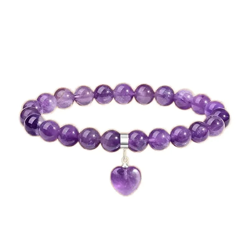 Hot Sale 8mm Natural Crystal Romantic Wedding Gift Amethyst Heart Chain Bracelet for Women