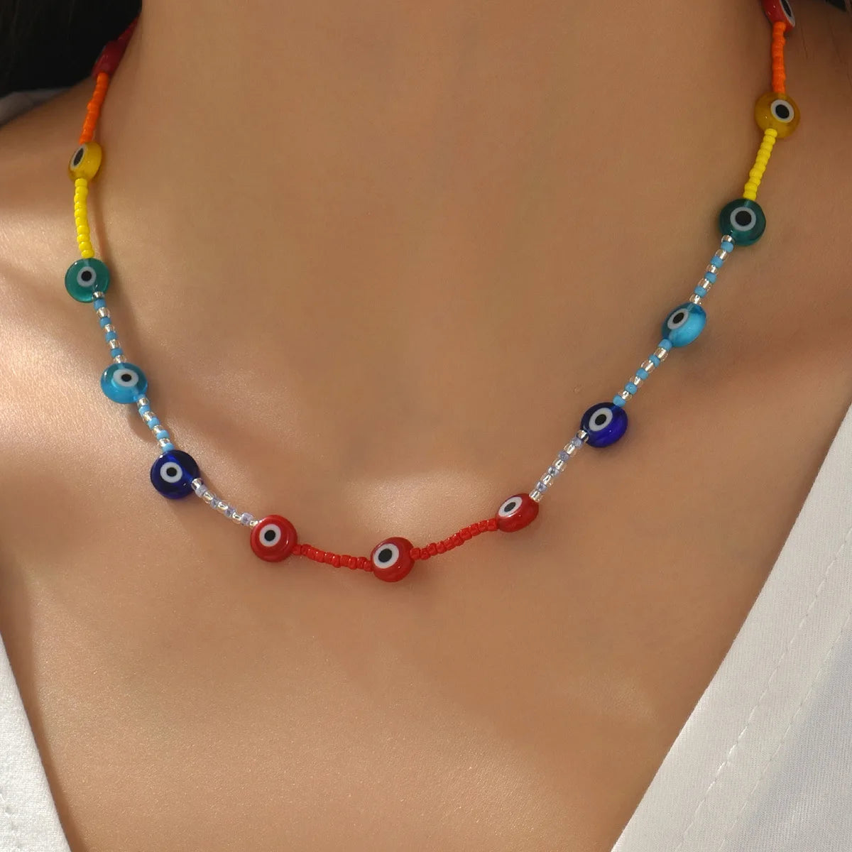 Wholesale Handmade Rice Bead Devil Eye Boho Necklace Colorful Seed Bead Evil Eyes Beaded Choker Necklace Bohemian Jewelry