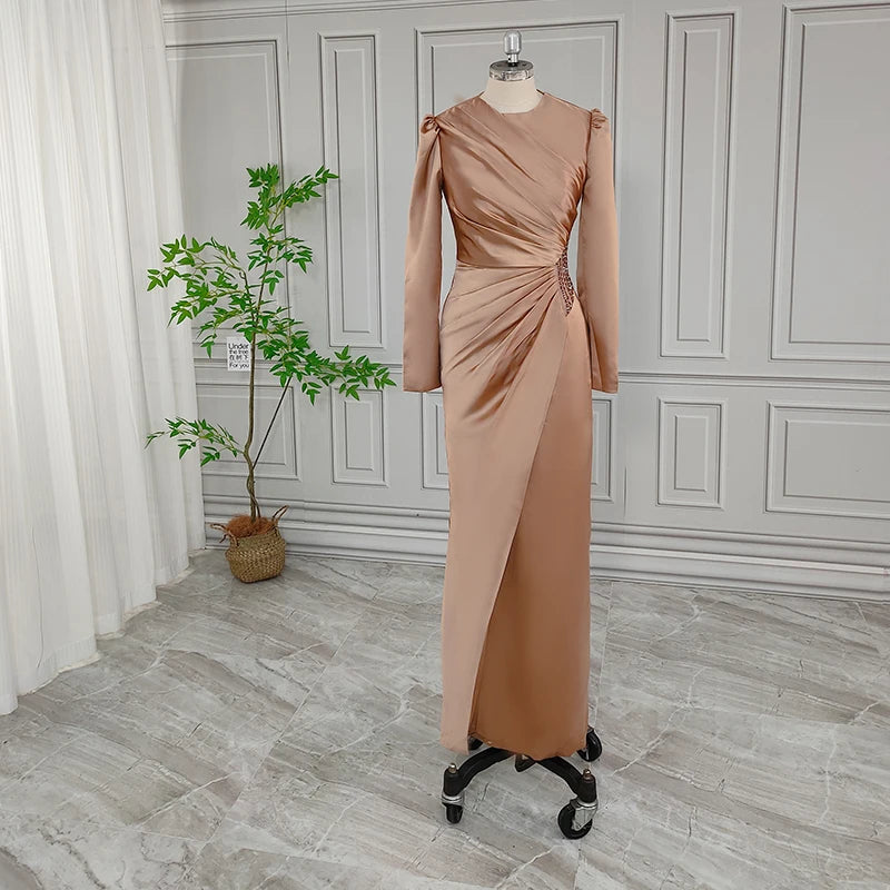 Real Photos High Quality Round Neck Pleat Satin Mother of Bride Dress for Wedding Elegant Chiffon Evening Gown for Women 15596