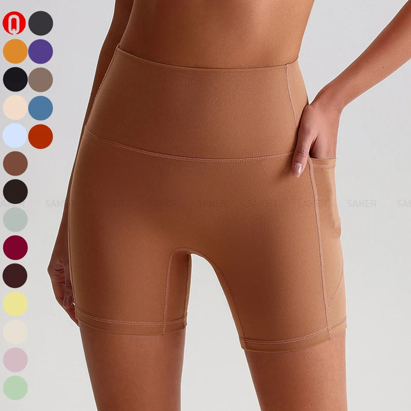 Custom Women High Waist Nude Feeling Yoga Shorts Quick-Dry Tight Workout Butt Lifting Side Pockets Fitness Bike Shorts