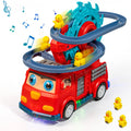 Hot Selling Duck Firetruck Design Light Music Car for Kids Made Durable Plastic High Quality Electric Track Car Slide Toy Sets