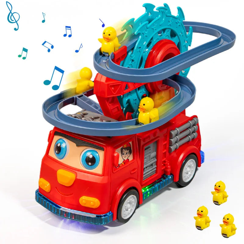 Hot Selling Duck Firetruck Design Light Music Car for Kids Made Durable Plastic High Quality Electric Track Car Slide Toy Sets