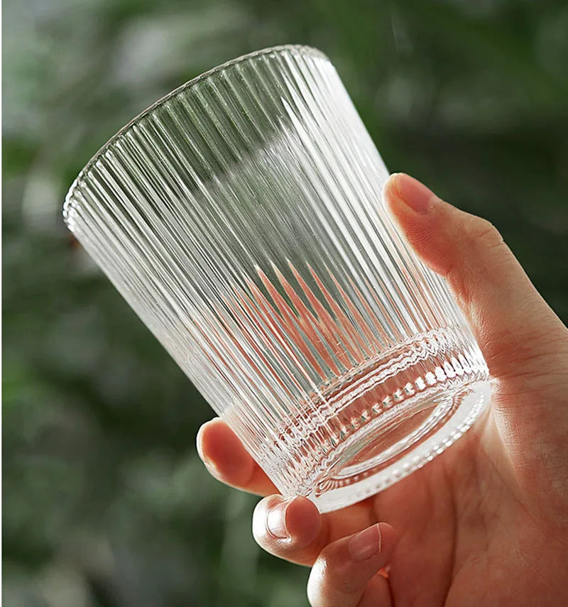 Popular Vertical Stripe Design Glass Stemless Cups  clear Water High Ball Glass Embossed Design Glass Coffee Cup