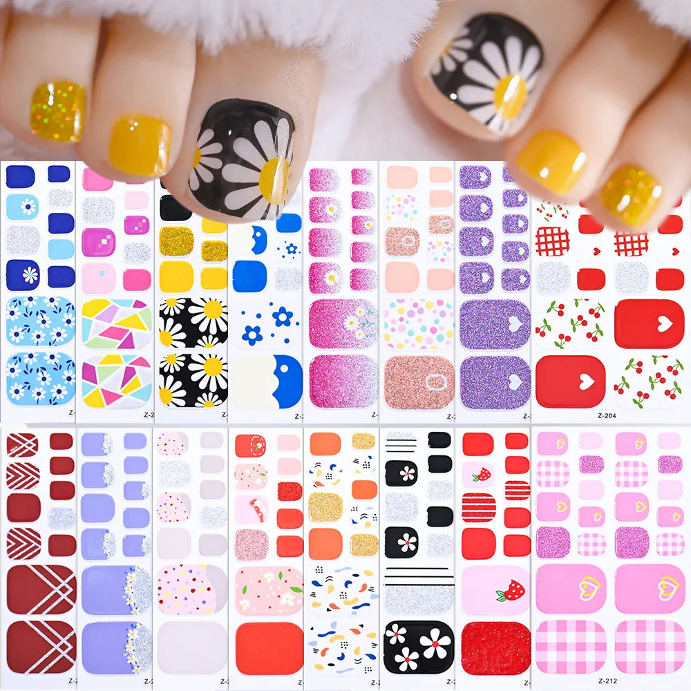 22Tips Floral Toe Gel Nail Polish Sticker Strips 3D Self-Adhesive Flower Glitter Full Gel Wraps Baking Free Toenail Wraps MegaBDM