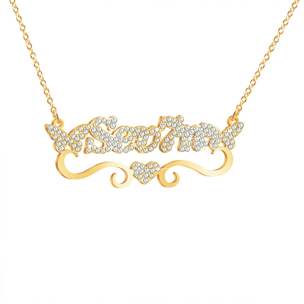 Diamond Encrusted Heart Shaped Butterfly Pendant New Popular Stainless Steel Link Chain Necklace DIY Name Necklace